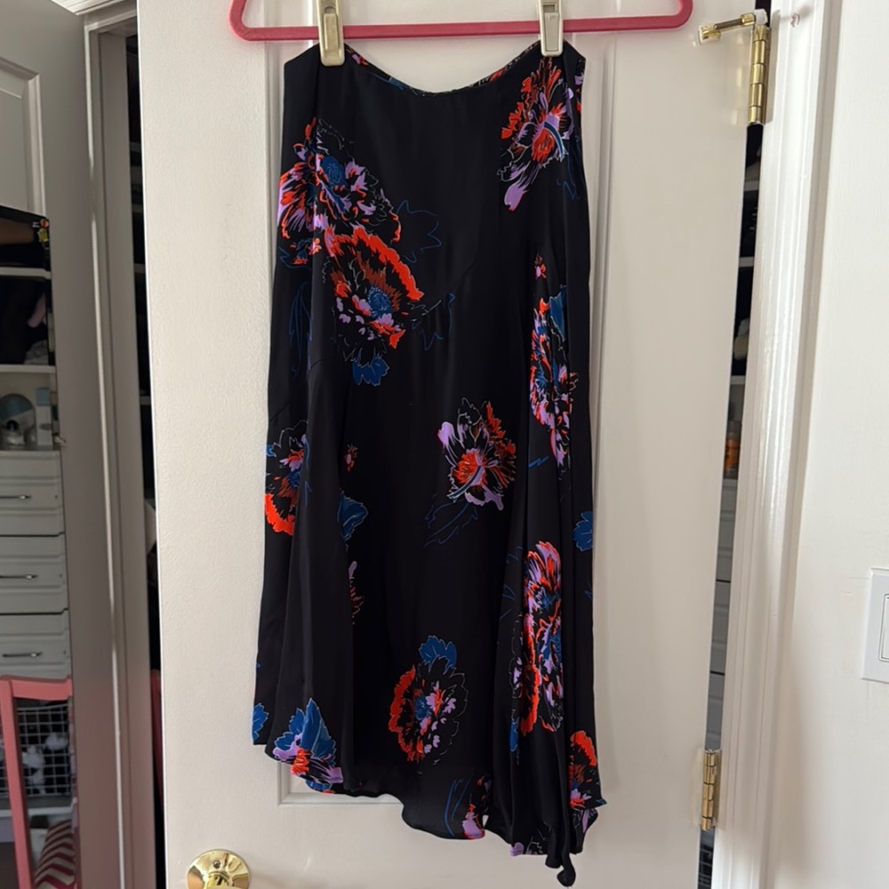Whistles Black Asymmetrical Skirt with Red and Blue Floral Design. Size 2
